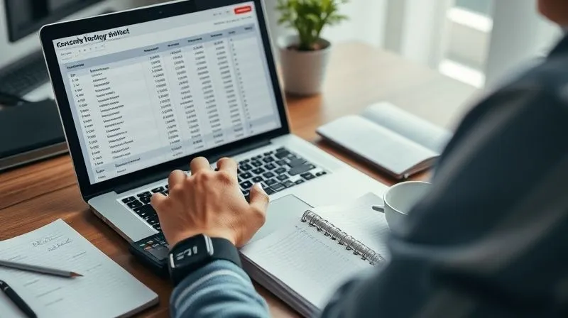Photorealistic, professional photography, 8K, cinematic lighting, sharp focus, depth of field. A person meticulously organizing a digital budget spreadsheet on a laptop, with a calculator and a small notebook open beside it, surrounded by everyday items like a coffee mug and a plant, conveying focused financial planning and detailed expense tracking.