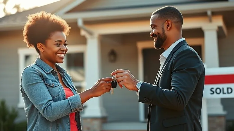 Photorealistic, professional photography, 8K, cinematic lighting, sharp focus, depth of field. A diverse young couple joyfully receiving a set of house keys from a friendly real estate agent in front of a modern, inviting home. Sunlight highlights their smiles, symbolizing the successful achievement of homeownership through accessible programs. The background shows a 'Sold' sign. Emotionally uplifting.