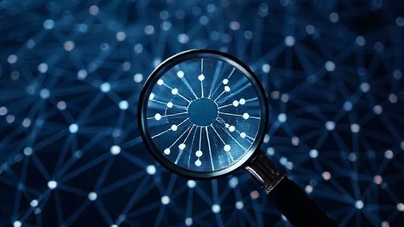 A photorealistic, professional photography, 8K, cinematic lighting, sharp focus, depth of field, shot on a high-end DSLR, depicting a complex digital asset graph with many disconnected nodes, illustrating illiquidity, with a magnifying glass hovering over a single isolated node.