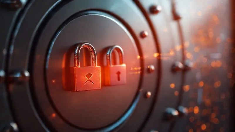 A photorealistic, professional photography, 8K, cinematic lighting, sharp focus, depth of field, shot on a high-end DSLR, depicting a secure vault door with digital padlocks, overlaid with abstract blockchain nodes and glowing data streams, symbolizing strong internal controls for digital assets.