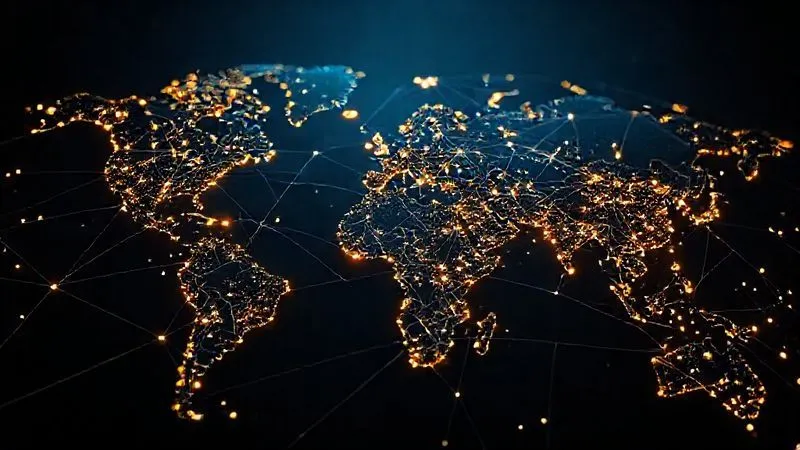 photorealistic, professional photography, 8K, cinematic lighting, sharp focus, depth of field, shot on a high-end DSLR. A complex, illuminated network of interconnected lines and nodes stretching across a stylized world map, with some lines appearing frayed or redirected, symbolizing global supply chain disruptions and reconfigurations due to trade wars. The lighting highlights areas of tension and new pathways.
