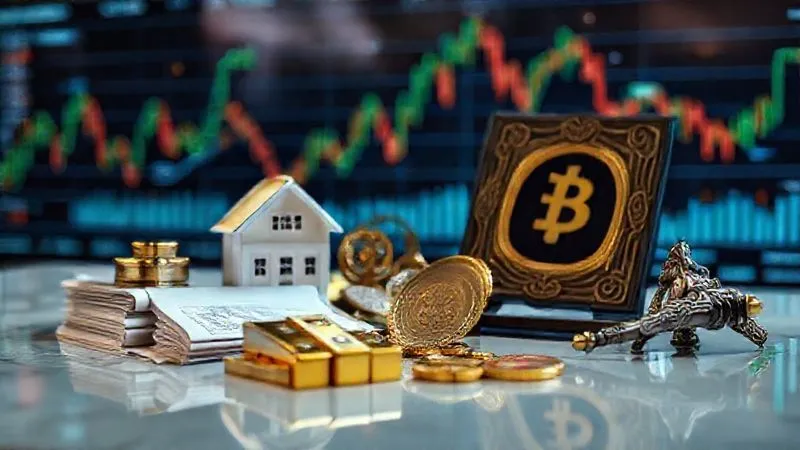 photorealistic, professional photography, 8K, cinematic lighting, sharp focus, depth of field, shot on a high-end DSLR. A diverse collection of financial symbols and objects, including gold bars, a stack of real estate deeds, a digital cryptocurrency symbol on a screen, and a rare art piece, all arranged on a polished table, with a blurred background of global market charts, symbolizing advanced diversification strategies.