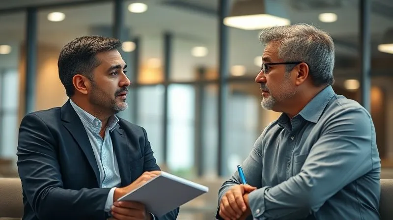 Photorealistic, professional photography, 8K, cinematic lighting, sharp focus, depth of field, shot on a high-end DSLR. A financial advisor actively listening to a concerned client, making eye contact, with a notepad and pen. The client is speaking with a worried expression, while the advisor maintains a calm, empathetic demeanor in a modern office setting. The scene emphasizes active listening and trust.