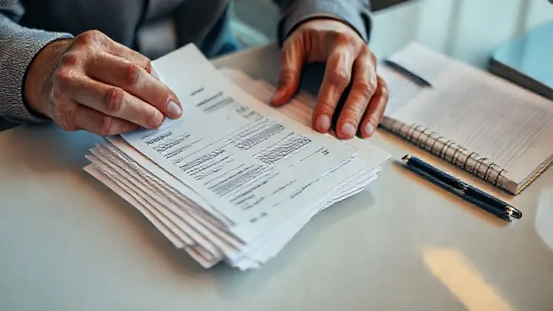 A person's hands carefully organizing a stack of documents: a purchase receipt, a product recall notice, and a few medical bills, laid out on a clean desk with a pen and notebook nearby. Photorealistic, professional photography, 8K, cinematic lighting, sharp focus on the documents, depth of field blurring the background, shot on a high-end DSLR.