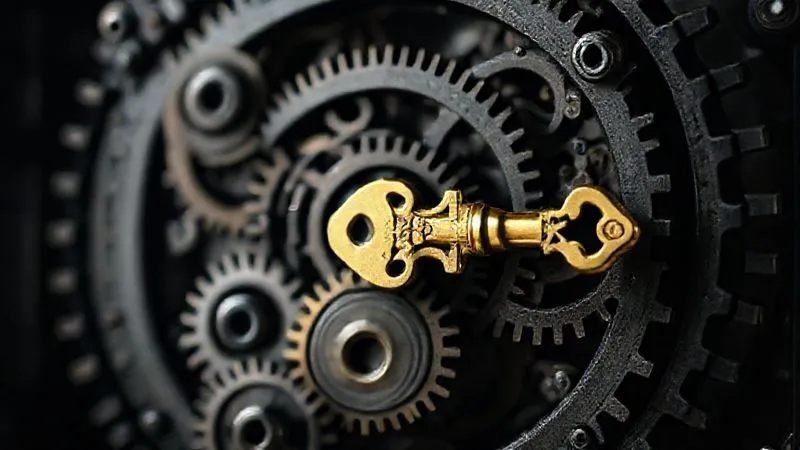 photorealistic, professional photography, 8K, cinematic lighting, sharp focus, depth of field, shot on a high-end DSLR, a complex, intertwined structure of gears and interlocking components, symbolizing the intricate and robust nature of a well-constructed trust, with a golden key representing the client's control over their legacy, set against a dark, secure background.