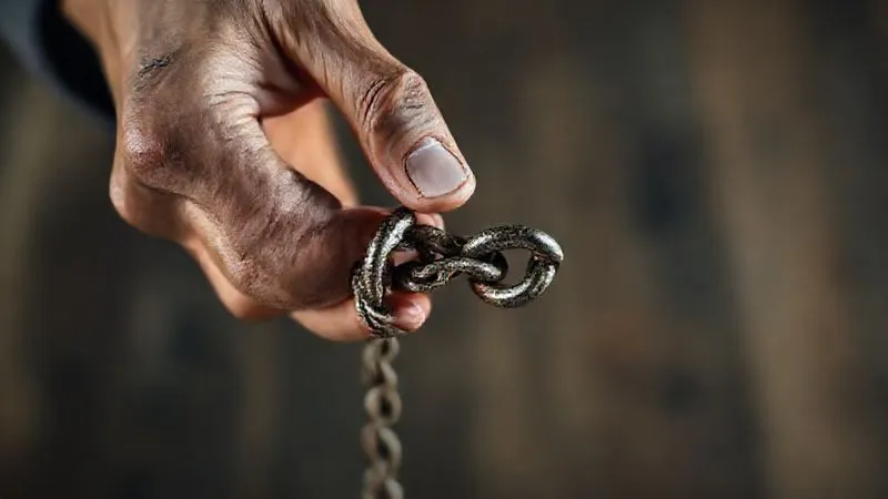 photorealistic, professional photography, 8K, cinematic lighting, sharp focus, depth of field, shot on a high-end DSLR, a hand carefully separating two intricately linked chains, one chain appearing weathered and strained, the other smooth and polished, symbolizing the careful and sometimes painful process of disentangling family legacies and addressing perceived fairness in disinheritance decisions. The background is softly blurred, focusing on the hands and chains.