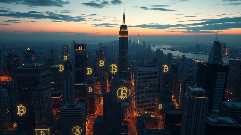 A photorealistic futuristic cityscape at dusk, with glowing digital currency symbols (representing various altcoins) subtly integrated into the architecture and data streams, conveying the idea of mass adoption and seamless integration of digital assets into everyday life. Professional photography, 8K, cinematic lighting, sharp focus on the cityscape and symbols, depth of field blurring the distant horizon, shot on a high-end DSLR.