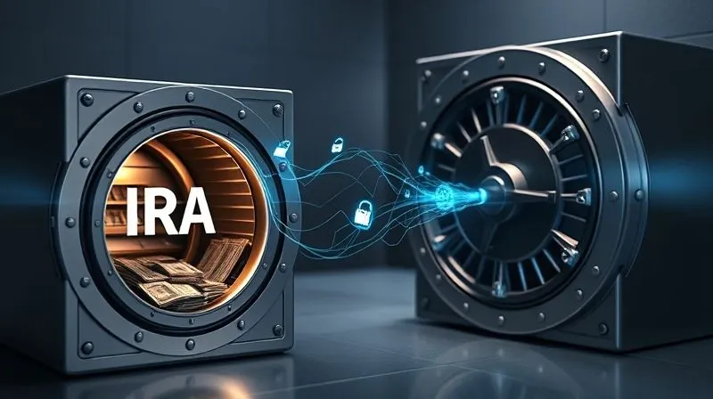 A photorealistic image depicting a seamless flow of digital currency from a smaller, open financial vault (representing an IRA) into a larger, more secure financial vault (representing a 401k or employer plan). The flow is smooth and uninterrupted, symbolizing a successful reverse rollover. Professional photography, 8K, cinematic lighting, sharp focus on the digital flow, depth of field blurring the background, shot on a high-end DSLR.