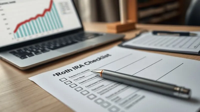 A photorealistic image of a financial planner's desk, with a neatly organized checklist for a Roth IRA conversion, a pen poised, and a laptop displaying a financial chart showing growth. The scene conveys precision and successful execution. Professional photography, 8K, cinematic lighting, sharp focus on the checklist, depth of field blurring the background, shot on a high-end DSLR.