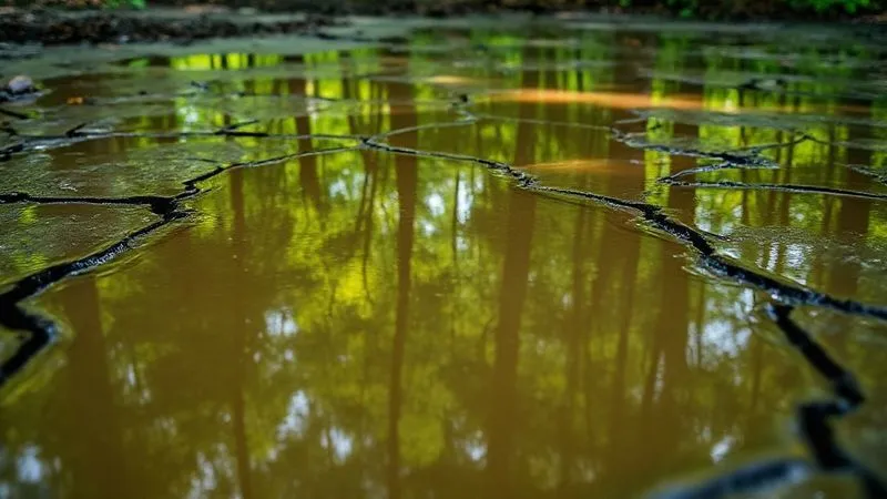 A photorealistic image of a distorted reflection of a lush green forest in a cracked, muddy puddle, symbolizing the deceptive nature of greenwashing. Cinematic lighting highlights the cracks and the murky water, sharp focus on the reflection, depth of field blurring the background, 8K hyper-detailed, shot on a high-end DSLR.