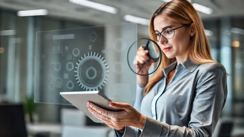 A photorealistic image of a diligent investor, perhaps a woman in professional attire, holding a tablet displaying complex data, while a transparent overlay shows a series of interlocking gears and a magnifying glass examining a detail. The setting is a modern, clean office, cinematic lighting, sharp focus on the investor and tablet, depth of field, 8K hyper-detailed, shot on a high-end DSLR.