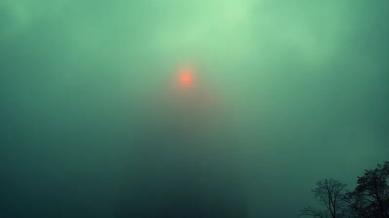 A photorealistic image of a thick, green fog partially obscuring a corporate building, with subtle, faint red warning lights blinking through the mist. The setting is urban, late evening, cinematic lighting, sharp focus on the warning lights, depth of field, 8K hyper-detailed, shot on a high-end DSLR.