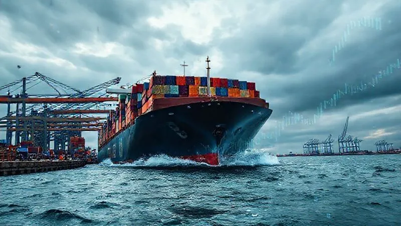 A photorealistic image of a digital currency chart showing turbulent EUR/USD fluctuations, with abstract financial data flowing around a cargo ship docked at a busy port under a dramatic sky, sharp focus on the ship and chart, depth of field blurring the background, 8K hyper-detailed, cinematic lighting.
