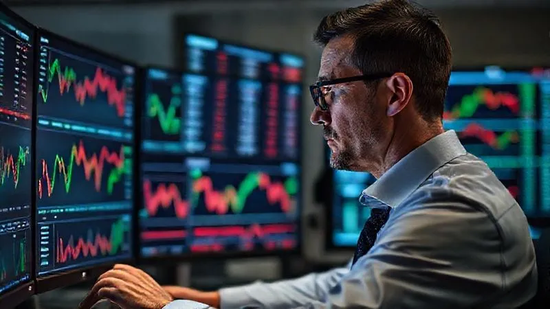 A photorealistic image of a financial professional meticulously reviewing a multi-screen setup displaying real-time currency data, risk reports, and hedging strategy performance, with a focused expression, bathed in soft, analytical lighting, 8K hyper-detailed, sharp focus, depth of field.