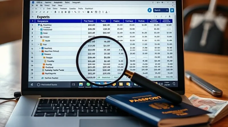 A photorealistic image of a detailed travel budget spreadsheet open on a laptop screen, with various expense categories highlighted and a magnifying glass hovering over the 'contingency fund' line item. A passport and foreign currency are subtly placed next to the laptop. Cinematic lighting, sharp focus on the screen, depth of field blurring the background, 8K hyper-detailed, professional photography, shot on a high-end DSLR.