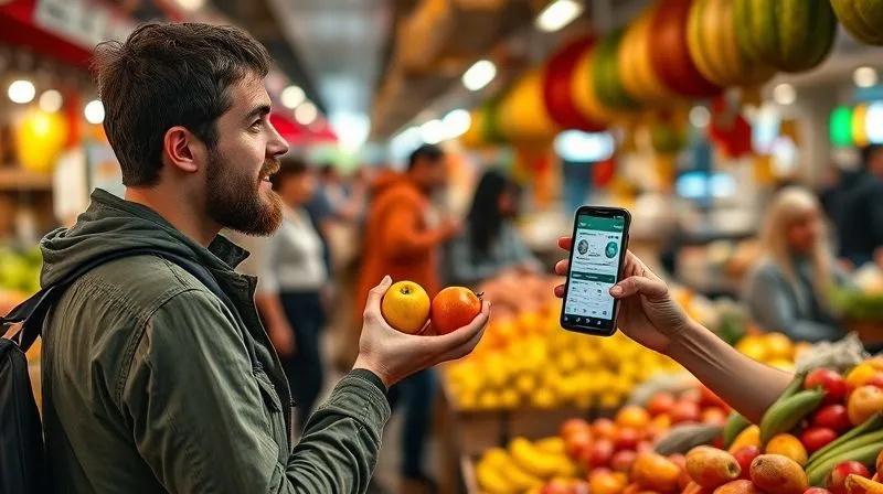 A photorealistic image of a traveler at a bustling, vibrant local market in a foreign country, holding up two different local fruits and comparing their prices with a friendly vendor. The traveler is paying with a debit card, and a smartphone showing a currency converter app is visible in their other hand. Cinematic lighting, sharp focus on the transaction, depth of field blurring the market background, 8K hyper-detailed, professional photography, shot on a high-end DSLR.
