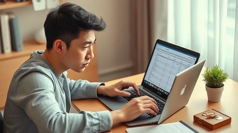 A photorealistic image of a person sitting at a tidy desk, calmly reviewing a financial spreadsheet on a laptop, with a small plant and a travel souvenir subtly placed nearby. The person has a determined yet relaxed expression, symbolizing financial control and recovery after a journey. Cinematic lighting, sharp focus on the laptop screen, depth of field blurring the background, 8K hyper-detailed, professional photography, shot on a high-end DSLR.
