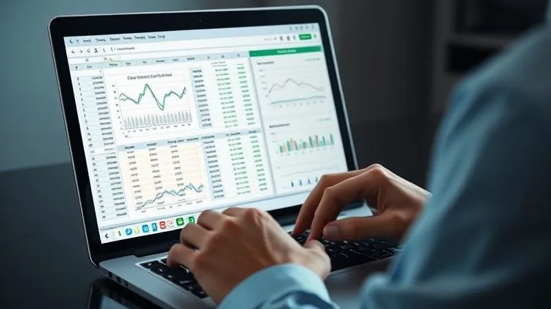 A photorealistic image of a person meticulously organizing digital spreadsheets on a laptop, with graphs showing fluctuating income patterns. The screen is sharp and detailed, reflecting financial data analysis. Cinematic lighting, 8K, sharp focus, depth of field, shot on a high-end DSLR.