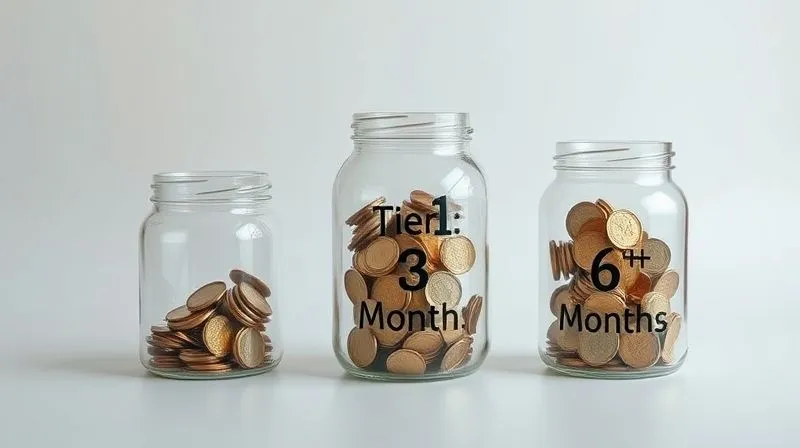 A photorealistic image of three distinct, clear glass jars of increasing size, each partially filled with coins and cash. The jars are labeled 'Tier 1: 1 Month', 'Tier 2: 3 Months', and 'Tier 3: 6+ Months'. They are arranged on a clean, minimalist white surface, with soft, ambient lighting. 8K, sharp focus, depth of field, shot on a high-end DSLR.