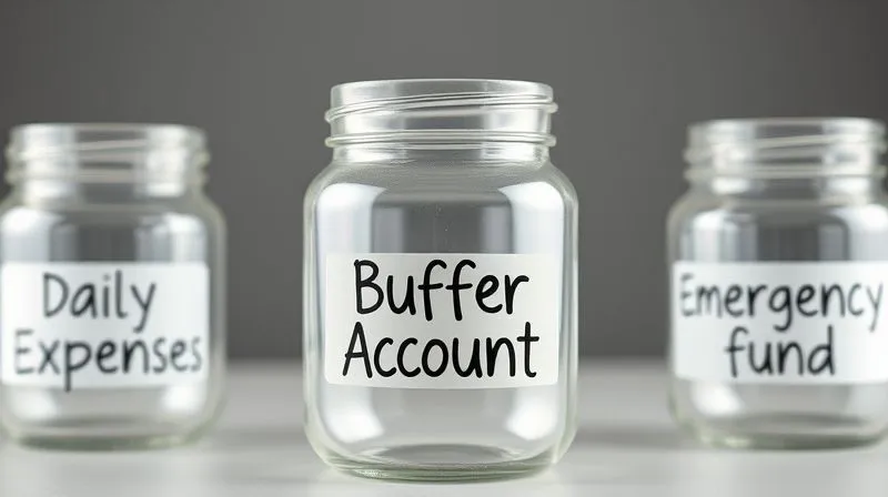 A photorealistic image of a series of clear glass jars or containers, each labeled with a different financial purpose: 'Daily Expenses', 'Buffer Account', 'Emergency Fund'. The 'Buffer Account' jar is slightly larger and positioned as a crucial intermediary between daily spending and long-term savings. Cinematic lighting, 8K, sharp focus, depth of field, shot on a high-end DSLR.