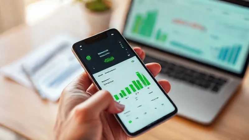 A photorealistic image of a person's hand holding a smartphone displaying a clean, modern credit score dashboard with a rising graph and green positive indicators. In the background, slightly out of focus, are financial documents and a laptop. The lighting is bright and optimistic, with sharp focus on the phone screen and depth of field. 8K, professional photography, shot on a high-end DSLR.