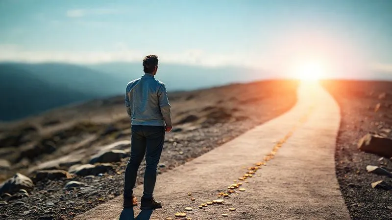 A photorealistic image of a person standing at a crossroads, looking down a clearly paved, well-lit path towards a bright, prosperous horizon, symbolizing financial freedom achieved through diligent credit building. The path is marked with small, golden coins. The scene is bathed in optimistic cinematic lighting, sharp focus on the path ahead, with depth of field blurring the less desirable, rocky alternative paths. 8K, professional photography, shot on a high-end DSLR.
