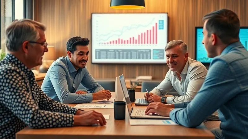 photorealistic, professional photography, 8K, cinematic lighting, sharp focus, depth of field, shot on a high-end DSLR, a diverse group of business owners and financial advisors collaborating around a table, sharing insights and offering support, with charts and graphs on a screen in the background, warm and inviting atmosphere, symbolizing community and expert guidance.