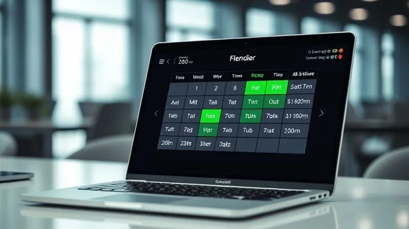 A photorealistic, professional photography shot of a laptop screen displaying a flight search engine's flexible date calendar. The calendar shows various dates highlighted with different prices, clearly indicating the cheapest days in green. The background is a blurred modern office desk. 8K, cinematic lighting, sharp focus on the screen, depth of field, shot on a high-end DSLR.