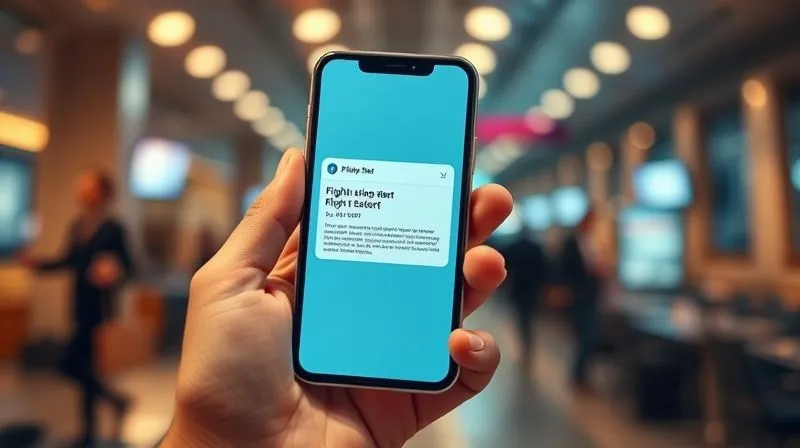 A photorealistic, professional photography shot of a smartphone screen displaying a flight price alert notification. The notification shows a significant price drop for an international flight. The phone is held by a busy professional's hand, subtly integrated into a dynamic, slightly blurred background of city lights or an airport lounge. 8K, cinematic lighting, sharp focus on the phone screen and hand, depth of field, shot on a high-end DSLR.