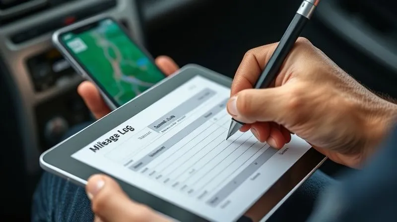 A photorealistic close-up of a hand meticulously filling out a digital mileage log on a tablet, with a smartphone displaying a GPS route in the background. The scene is well-lit, professional, and emphasizes precision and organization, 8K, sharp focus, depth of field, shot on a high-end DSLR.