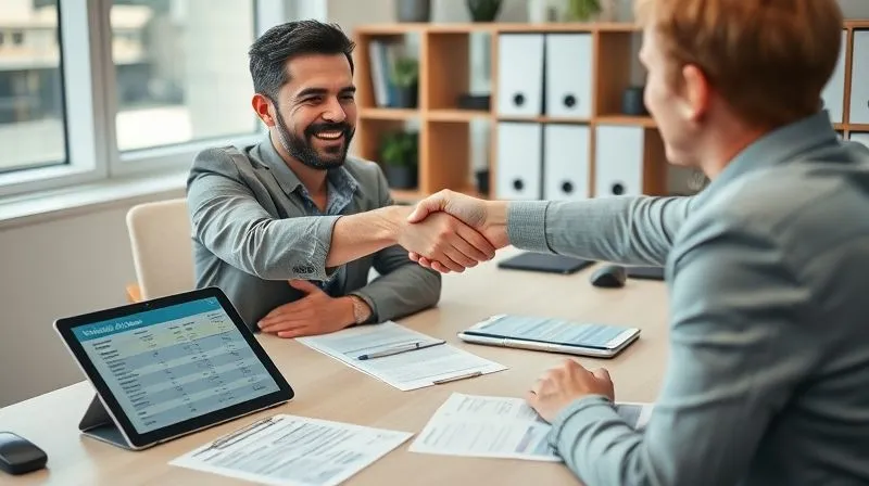 A photorealistic image of a business owner, looking relieved, shaking hands with a professional tax advisor across a neat office desk. On the desk are organized digital tablets displaying mileage logs and expense spreadsheets. The scene is bright and professional, conveying trust and successful problem resolution, 8K, sharp focus, depth of field, shot on a high-end DSLR.
