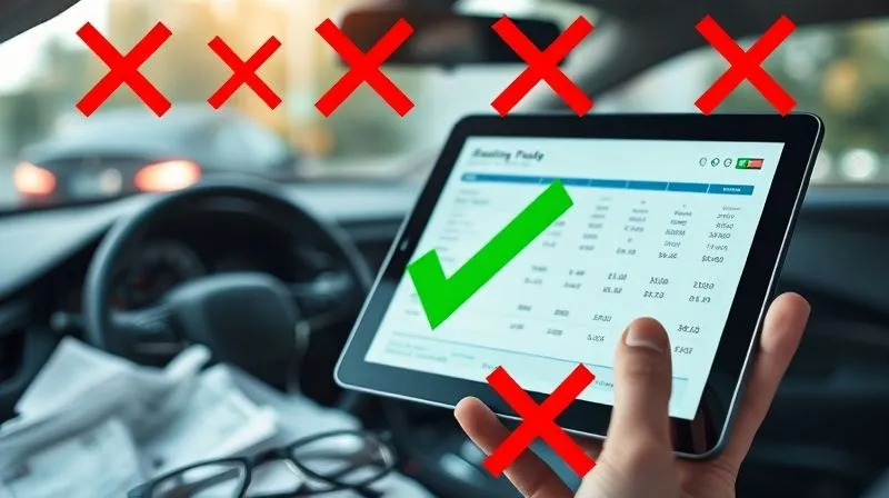 Photorealistic image of a series of red 'X' marks over blurred, disorganized piles of receipts and a messy car dashboard, contrasting with a green checkmark over a clear, organized digital tablet showing financial data. The scene is well-lit, professional, and visually represents common mistakes and their solutions, 8K, sharp focus, depth of field, shot on a high-end DSLR.