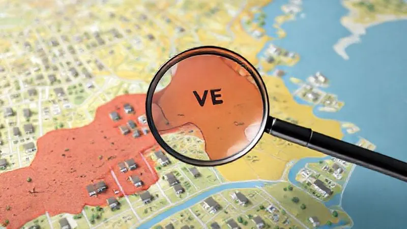 A photorealistic 3D rendering of a detailed FEMA flood map overlaying a residential area, with different colored zones clearly delineated. A magnifying glass hovers over a 'VE' zone, showing property boundaries. Cinematic lighting, sharp focus, 8K hyper-detailed.
