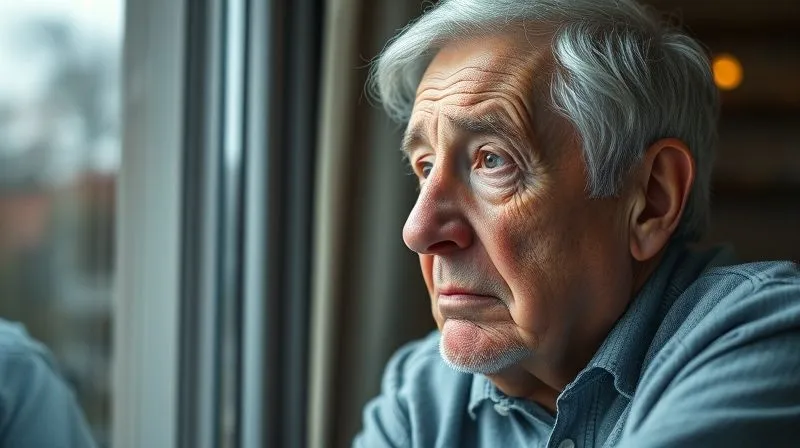 photorealistic, professional photography, 8K, cinematic lighting, sharp focus, depth of field, shot on a high-end DSLR. A thoughtful, slightly concerned older individual, deep in contemplation, looking out a window with a pensive expression, representing internal struggle and reluctance to discuss difficult topics. Soft, natural light.
