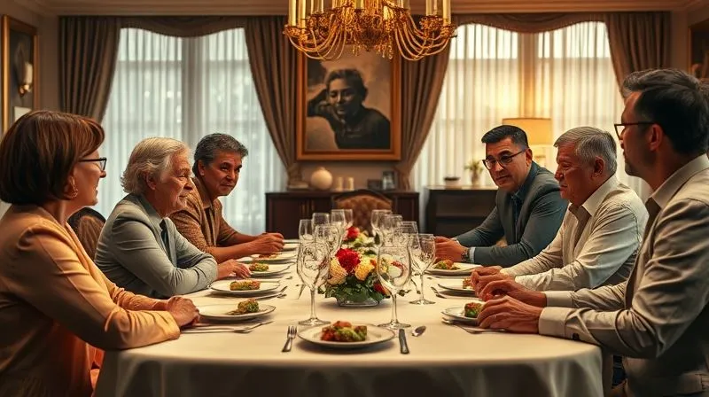 photorealistic, professional photography, 8K, cinematic lighting, sharp focus, depth of field, shot on a high-end DSLR. A diverse family of three generations seated around a large, elegant dining table, engaged in a serious but calm discussion. A financial advisor figure is subtly facilitating the conversation. The atmosphere is one of mutual respect and shared purpose, with warm, inviting light.