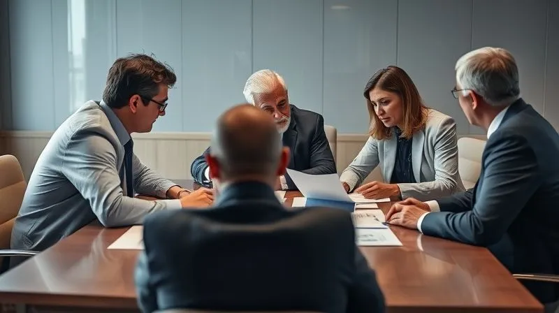 photorealistic, professional photography, 8K, cinematic lighting, sharp focus, depth of field, shot on a high-end DSLR. A diverse group of professionals – a financial advisor, an estate attorney, and a tax specialist – collaborating around a large conference table, reviewing documents and discussing strategies. A client is present, listening attentively. The scene conveys expertise, teamwork, and comprehensive planning, with soft, professional lighting.