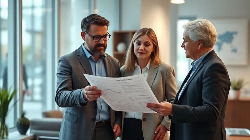 A photorealistic image of a financial advisor explaining a chart to a couple, all three with open body language, clear communication, in a bright, modern office setting, 8K, cinematic lighting, sharp focus, depth of field.