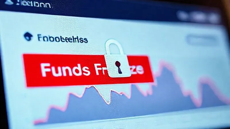 A photorealistic digital interface of a bank account showing a 'Funds Frozen' alert, with a padlock icon overlaid on a graph of account balance, indicating security measures. Professional photography, 8K, cinematic lighting, sharp focus on the alert, depth of field blurring the background.