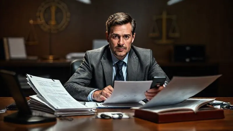 A photorealistic image of a person at a desk, looking focused and determined, surrounded by official documents and a phone, symbolizing the diligent process of reporting fraud and seeking recovery. Cinematic lighting, sharp focus on the person and documents, depth of field blurring a background with legal symbols. Professional photography, 8K hyper-detailed.
