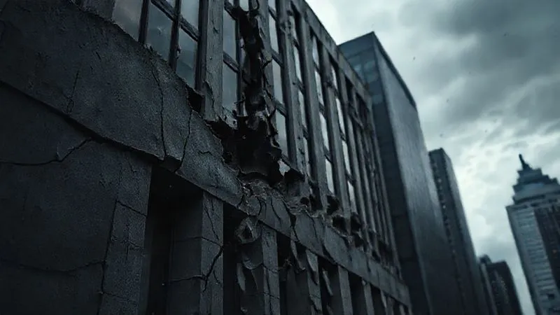 A photorealistic image showing a crumbling corporate building facade with cracks spreading, symbolizing the fragility and breakdown caused by poor corporate governance. Dark, stormy cinematic lighting, sharp focus on the cracks, depth of field blurring a distressed cityscape, 8K hyper-detailed.