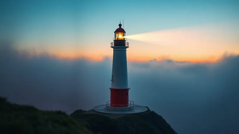 A photorealistic image of a single, strong lighthouse beam cutting through a misty corporate landscape at dawn, symbolizing ethical leadership and clarity in corporate governance. Professional photography, 8K, cinematic lighting, sharp focus on the lighthouse, depth of field blurring the background, shot on a high-end DSLR.