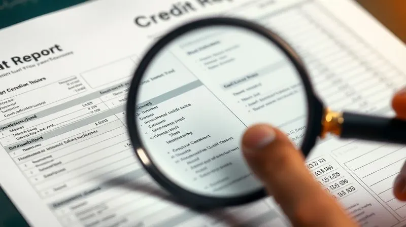 A highly detailed, photorealistic close-up of a magnifying glass hovering over a dense, complex credit report printout, highlighting specific lines of text and numbers, with a professional's hand gently pointing. Cinematic lighting, sharp focus on the report, depth of field blurring the background, 8K hyper-detailed, shot on a high-end DSLR.