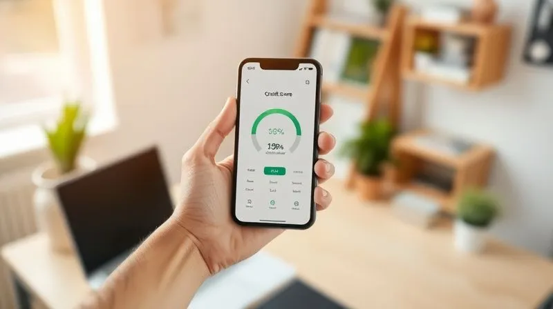 A photorealistic, bright, and optimistic image of a hand holding a smartphone displaying a clean, positive credit score graph, with a blurred background of a serene, organized home office. Cinematic lighting, sharp focus on the phone and hand, depth of field blurring the background, 8K hyper-detailed, shot on a high-end DSLR.
