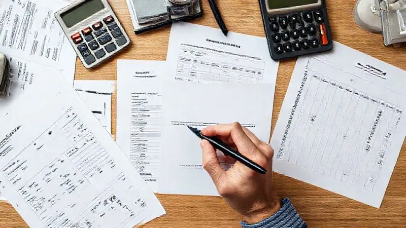 A top-down view of a desk with various financial documents spread out, a calculator, a pen, and a determined hand making notes. The documents show bills, bank statements, and a simple budget sheet. Photorealistic, professional photography, 8K, cinematic lighting, sharp focus on the documents, depth of field, shot on a high-end DSLR, natural light.