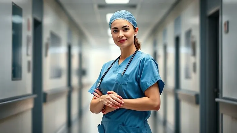 photorealistic, professional photography, 8K, cinematic lighting, sharp focus, depth of field, shot on a high-end DSLR, a confident female neurosurgeon in scrubs, standing in a modern, well-lit hospital corridor, looking forward with a sense of security and professionalism. Her hands are clasped, suggesting readiness and competence. The background is softly blurred, showing a glimpse of medical equipment and a calm environment, symbolizing her protected career and financial future.