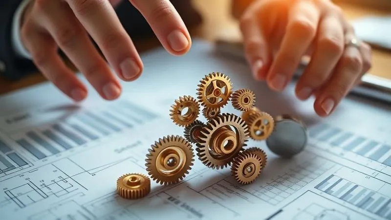 photorealistic, professional photography, 8K, cinematic lighting, sharp focus, depth of field, shot on a high-end DSLR, a detailed, close-up shot of a financial planner's hands meticulously arranging a series of small, interlocking gears and cogs on a blueprint of a financial plan. The gears represent different insurance policies and financial strategies, all fitting together perfectly to form a robust mechanism. The lighting is precise, highlighting the intricate details and the collaborative effort.
