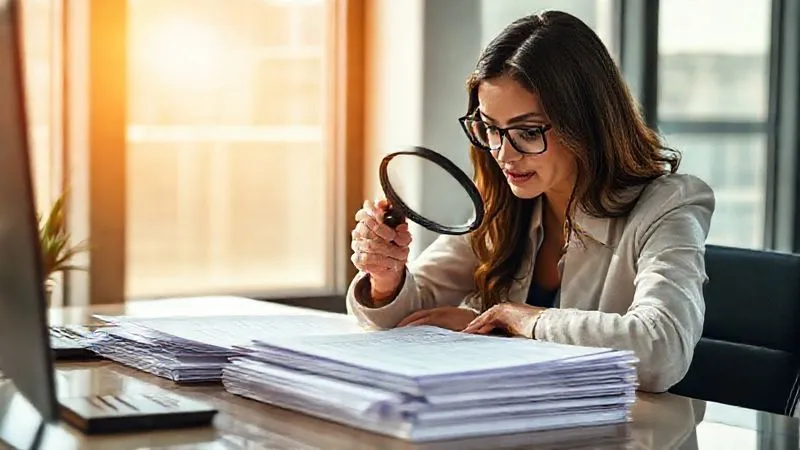 A professional businesswoman with a magnifying glass, meticulously sifting through a stack of grant application forms and digital documents on a sleek, modern desk, sunlight streaming through a window, photorealistic, professional photography, 8K, cinematic lighting, sharp focus, depth of field, shot on a high-end DSLR.