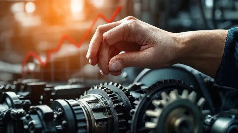 A photorealistic, professional photography, 8K image showing a graph with an upward trend for an aging population and a downward trend for the working-age population, with a hand adjusting gears on a complex economic machine in the foreground, symbolizing policy intervention. Cinematic lighting, sharp focus, depth of field, shot on a high-end DSLR.