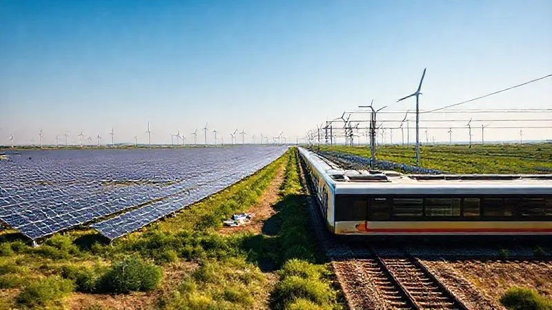 A photorealistic, professional photography, 8K, cinematic lighting image of a sprawling solar farm stretching towards a horizon dotted with modern wind turbines, with a high-speed electric train passing through the foreground. The sky is clear, symbolizing a clean future. Sharp focus, depth of field, shot on a high-end DSLR.