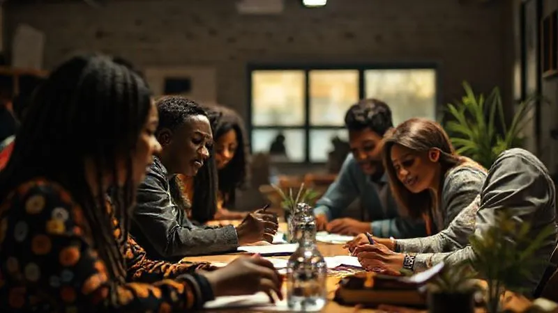 A photorealistic, professional photography, 8K, cinematic lighting image visualizing wealth distribution, perhaps with a vibrant, diverse community working together, with subtle visual cues of equal opportunity (e.g., shared resources, accessible education symbols). Sharp focus, depth of field, shot on a high-end DSLR. The mood is hopeful and collaborative.